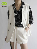 GOPLUS rudens veste sievietēm retro V veida kakla izgriezuma divrindu īsās vaļīgas vestes sievietēm Chalecos Para Mujer Kamizelka Damska C8261