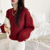 Limiguyue jednobojni pulover Ženska pletena odjeća s okruglim izrezom i dugim rukavima Široki pleteni pulover Vintage jednobojni džemper jesen-zima