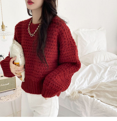Limiguyue jednobojni pulover Ženska pletena odjeća s okruglim izrezom i dugim rukavima Široki pleteni pulover Vintage jednobojni džemper jesen-zima