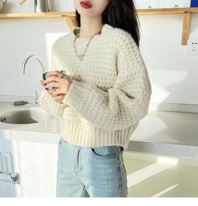 Limiguyue jednobojni pulover Ženska pletena odjeća s okruglim izrezom i dugim rukavima Široki pleteni pulover Vintage jednobojni džemper jesen-zima