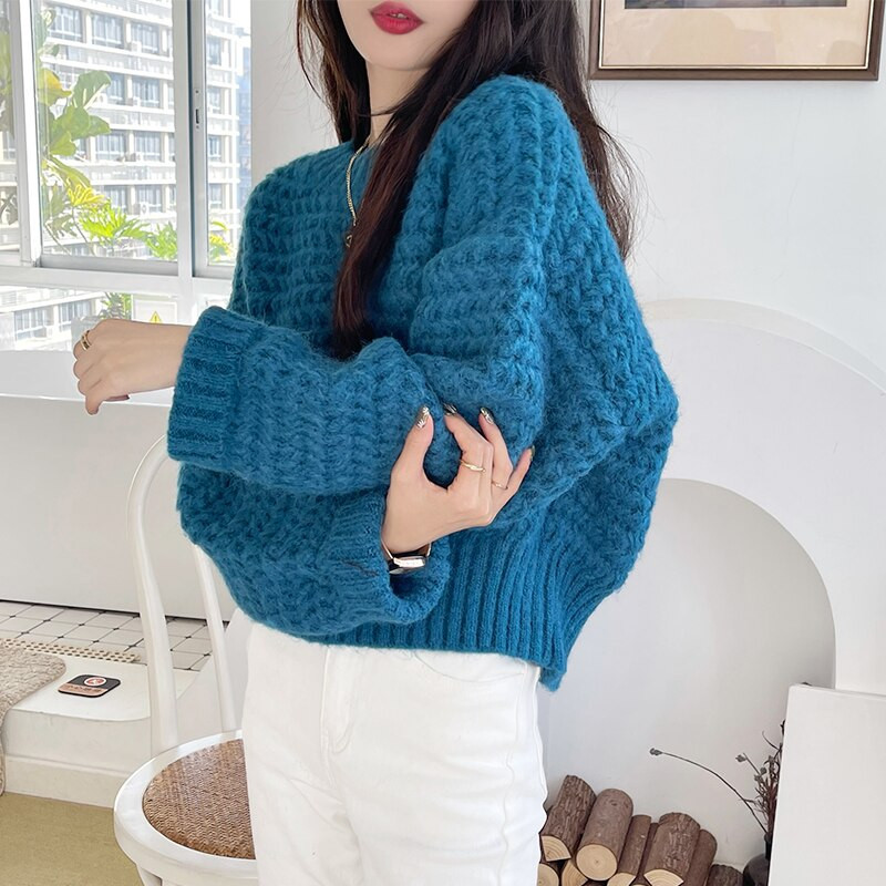 Limiguyue jednobojni pulover Ženska pletena odjeća s okruglim izrezom i dugim rukavima Široki pleteni pulover Vintage jednobojni džemper jesen-zima