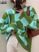 LAISIYI Biezie Džemperi Sieviešu Puloveri Y2k Apģērbi Rudens Ziemas Šaha galds Brīvi Garās Piedurknes Trikotāžas Džemperis Džemperi Sieviešu Džemperi