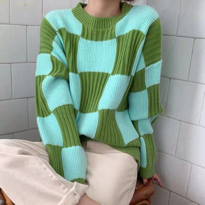 LAISIYI Biezie Džemperi Sieviešu Puloveri Y2k Apģērbi Rudens Ziemas Šaha galds Brīvi Garās Piedurknes Trikotāžas Džemperis Džemperi Sieviešu Džemperi