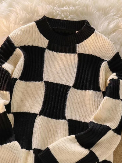 LAISIYI Biezie Džemperi Sieviešu Puloveri Y2k Apģērbi Rudens Ziemas Šaha galds Brīvi Garās Piedurknes Trikotāžas Džemperis Džemperi Sieviešu Džemperi