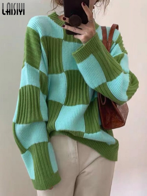 LAISIYI Biezie Džemperi Sieviešu Puloveri Y2k Apģērbi Rudens Ziemas Šaha galds Brīvi Garās Piedurknes Trikotāžas Džemperis Džemperi Sieviešu Džemperi