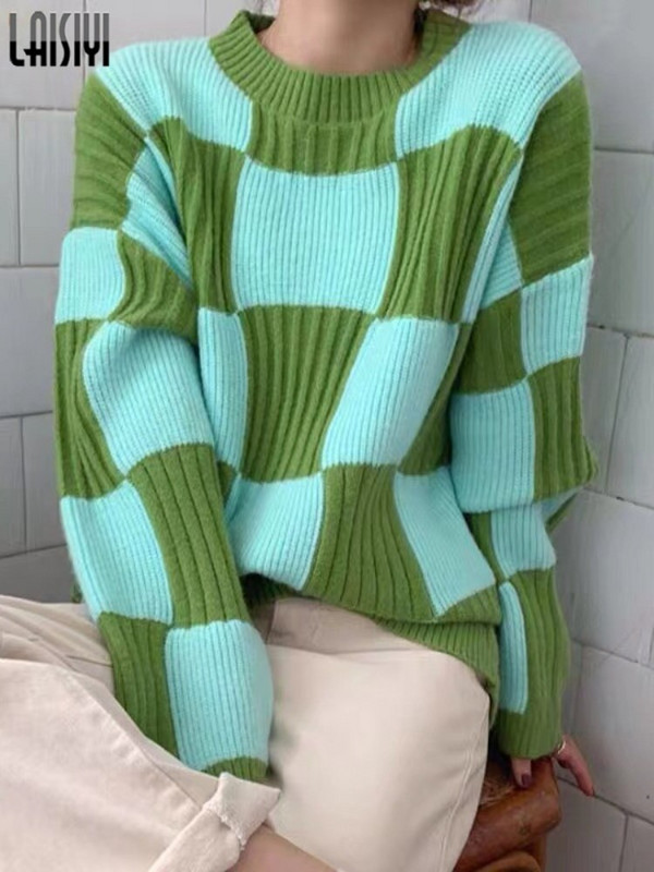 LAISIYI Biezie Džemperi Sieviešu Puloveri Y2k Apģērbi Rudens Ziemas Šaha galds Brīvi Garās Piedurknes Trikotāžas Džemperis Džemperi Sieviešu Džemperi
