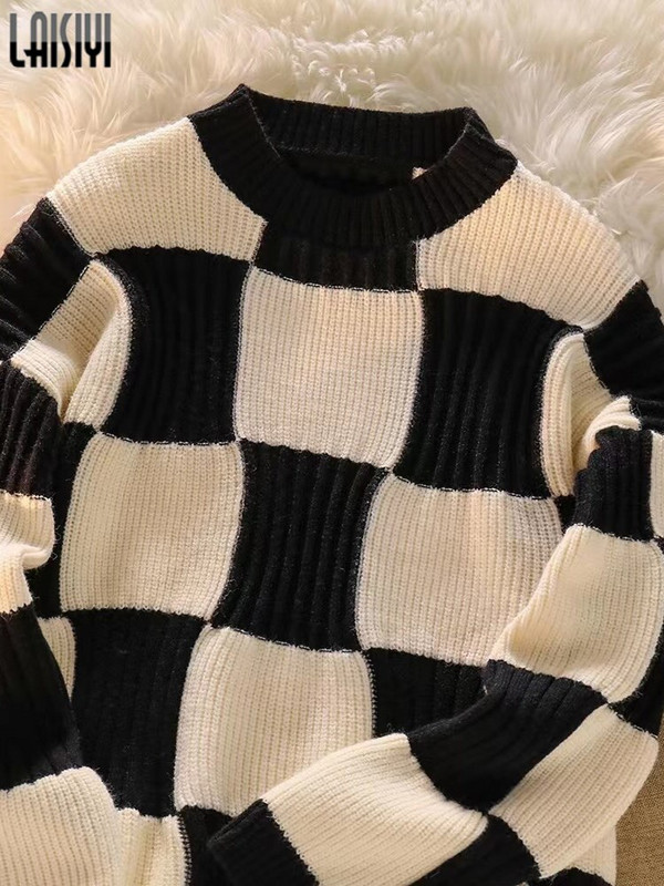 LAISIYI Biezie Džemperi Sieviešu Puloveri Y2k Apģērbi Rudens Ziemas Šaha galds Brīvi Garās Piedurknes Trikotāžas Džemperis Džemperi Sieviešu Džemperi