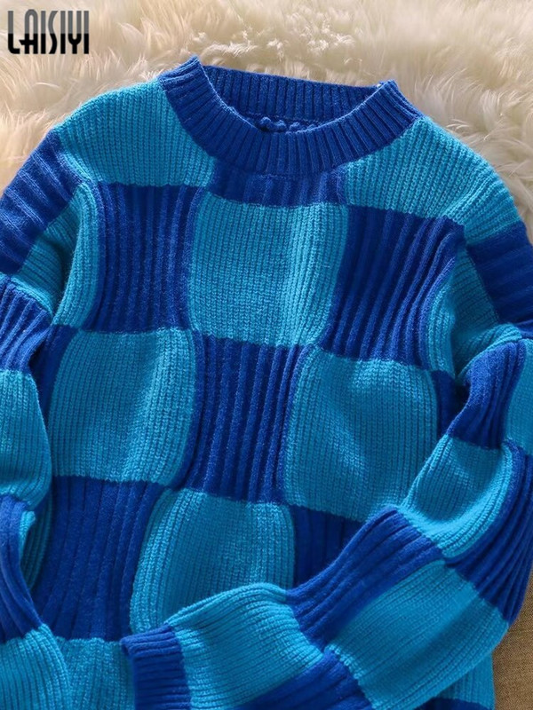 LAISIYI Biezie Džemperi Sieviešu Puloveri Y2k Apģērbi Rudens Ziemas Šaha galds Brīvi Garās Piedurknes Trikotāžas Džemperis Džemperi Sieviešu Džemperi