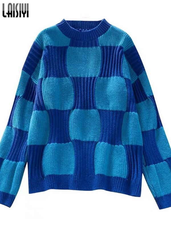 LAISIYI Biezie Džemperi Sieviešu Puloveri Y2k Apģērbi Rudens Ziemas Šaha galds Brīvi Garās Piedurknes Trikotāžas Džemperis Džemperi Sieviešu Džemperi