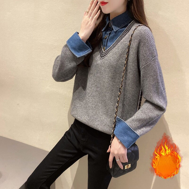 2022. gada jauns rudens ziemas apģērbs Sieviešu džinsu savārstījums, viltoti divdaļīgi topi, brīvi garām piedurknēm, trikotāžas džemperis Y646