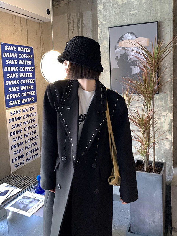 [EWQ] Augstas kvalitātes atvērtā dūriena rudens ziema 2022 jauns melns mētelis lielizmēra atloks, garš mētelis virsdrēbes sieviešu vējjaka