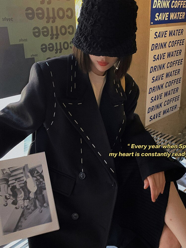 [EWQ] Augstas kvalitātes atvērtā dūriena rudens ziema 2022 jauns melns mētelis lielizmēra atloks, garš mētelis virsdrēbes sieviešu vējjaka