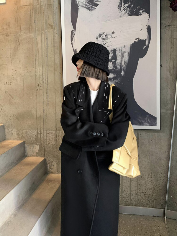 [EWQ] Augstas kvalitātes atvērtā dūriena rudens ziema 2022 jauns melns mētelis lielizmēra atloks, garš mētelis virsdrēbes sieviešu vējjaka