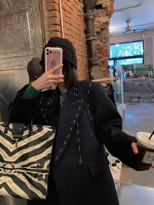 [EWQ] Augstas kvalitātes atvērtā dūriena rudens ziema 2022 jauns melns mētelis lielizmēra atloks, garš mētelis virsdrēbes sieviešu vējjaka