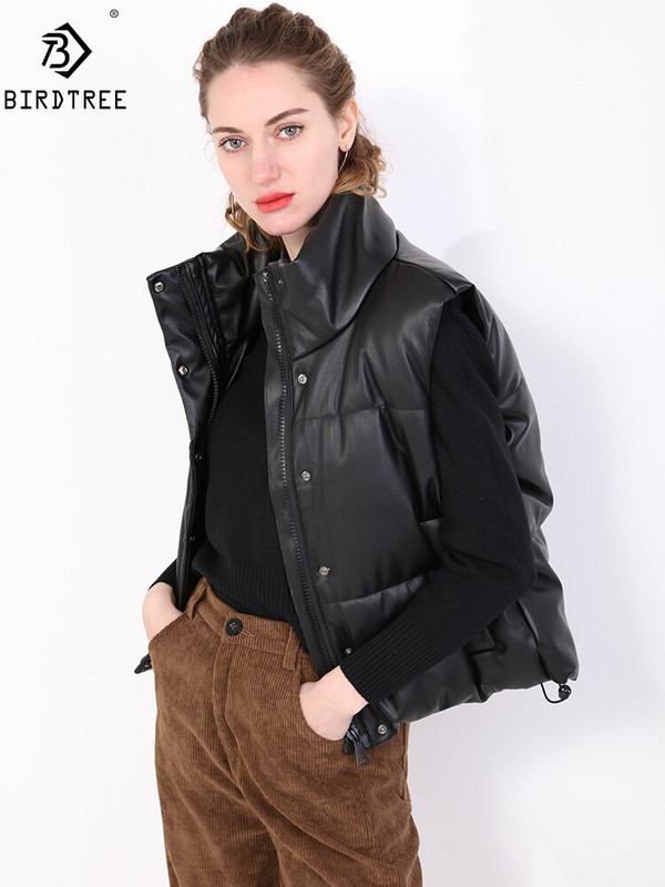Jauns modes sieviešu melns silts mākslīgās ādas veste mētelis ikdienas jaka bez piedurknēm sieviešu kokvilnas īss ārējais apģērbs C10702Y