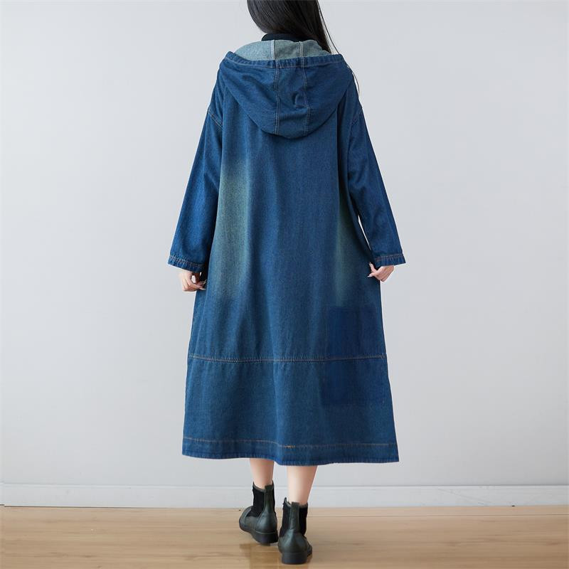 Apdrukāts kovboju mētelis sieviešu ķīniešu stila ielas apģērbs džemperis ar kapuci vējjaka brīvs garš mētelis ikdienišķs korejiešu jostasvietas džinsa mētelis