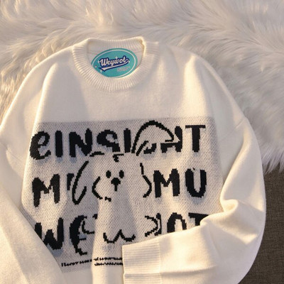 Zaķa izšuvums O kakla Džemperis Korejiešu stila brīvi džemperi Sieviešu karikatūras Jauki Kawaii Puloveri Japāņu adīšana Ziemas topi