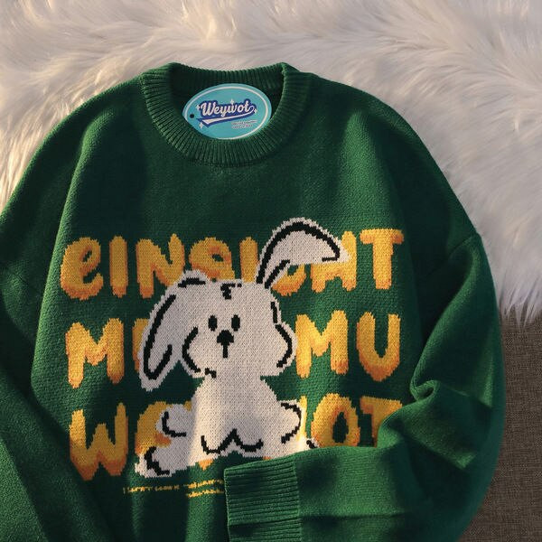 Zaķa izšuvums O kakla Džemperis Korejiešu stila brīvi džemperi Sieviešu karikatūras Jauki Kawaii Puloveri Japāņu adīšana Ziemas topi