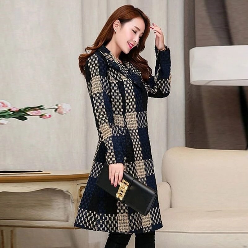 Rudens ziemas jaka sieviešu rūtains vilnas mētelis jauns korejiešu statīvs apkakle plāns vilnas pamatmētelis sieviešu virsdrēbes augšdaļa C