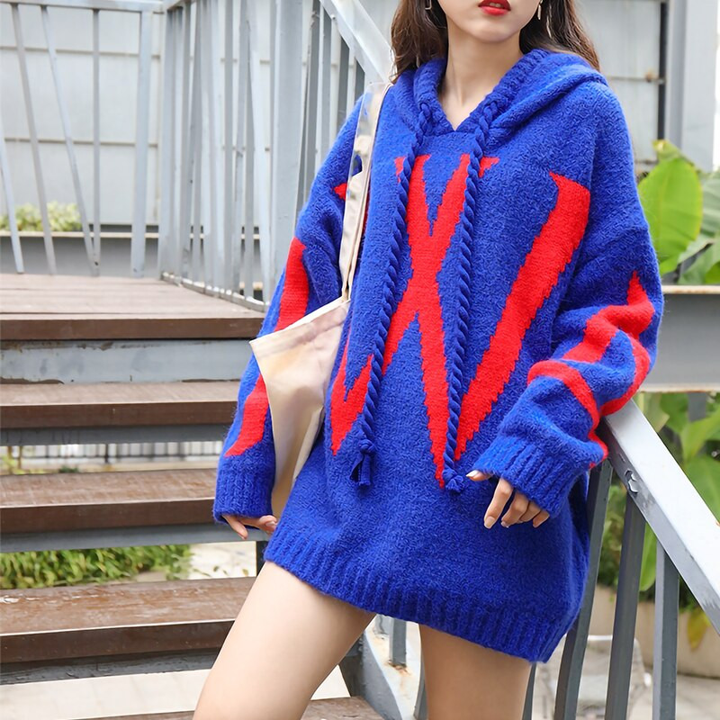 2023. gada jauns modes Klein Blue sieviešu džemperis W angļu burtu biezināts ar kapuci trikotāžas tops rudens/ziemas brīvs silts apģērbs