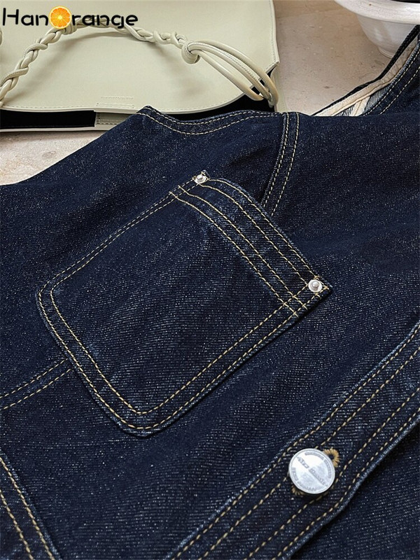 HanOrange 2022. gada pavasara modes sieviete džinsa veste Cowgirl bez apkakles, apgriezta jaka bez piedurknēm, sieviešu retro stila sieviešu apģērbi