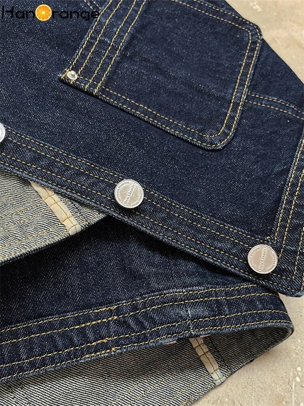 HanOrange 2022. gada pavasara modes sieviete džinsa veste Cowgirl bez apkakles, apgriezta jaka bez piedurknēm, sieviešu retro stila sieviešu apģērbi
