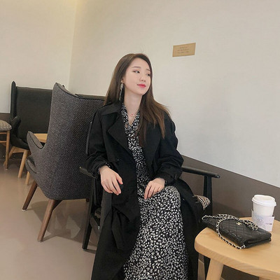 Sieviešu korejiešu versijas vējjaka, 2021. gada jauns rudens vidēja garuma mētelis sievietēm, brīvs modes mētelis, jostas mētelis