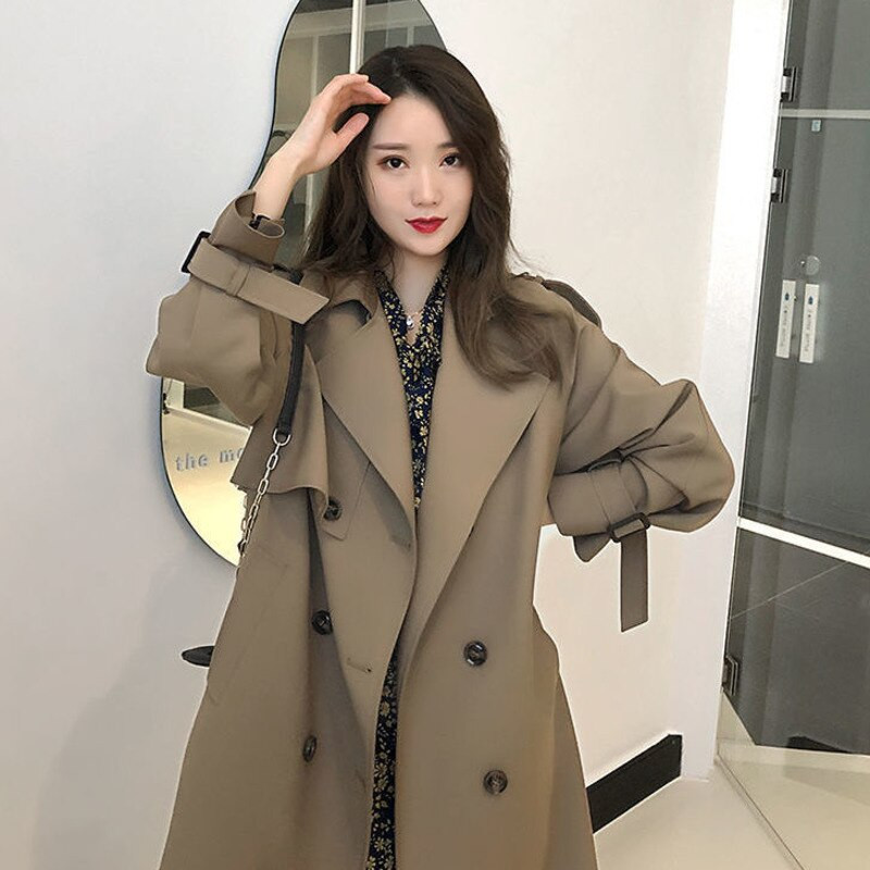 Sieviešu korejiešu versijas vējjaka, 2021. gada jauns rudens vidēja garuma mētelis sievietēm, brīvs modes mētelis, jostas mētelis