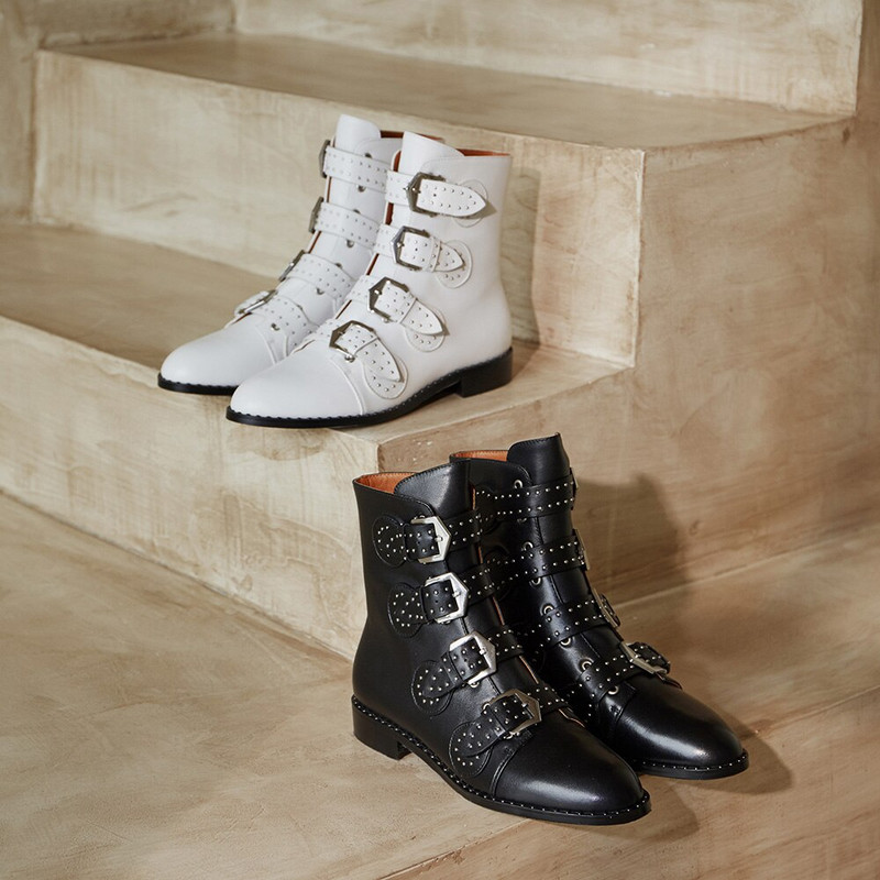 Sieviešu puszābaki Īstas ādas kniedes sprādzes pankūkas zābaki sievietēm ar radzēm gotikas dizaina apavi sievietēm Botas Mujer 44. liels izmērs