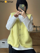 HanOrange Early Spring Ins stils, vienkāršs, moderns V veida kakla trikotāžas jakas veste, brīva bezpiedurkņu veste sievietēm