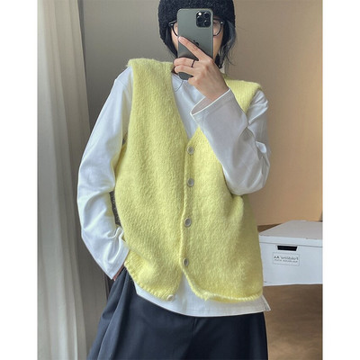 HanOrange Early Spring Ins stils, vienkāršs, moderns V veida kakla trikotāžas jakas veste, brīva bezpiedurkņu veste sievietēm