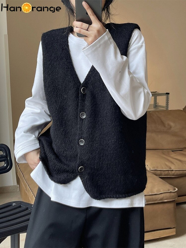 HanOrange Early Spring Ins stils, vienkāršs, moderns V veida kakla trikotāžas jakas veste, brīva bezpiedurkņu veste sievietēm