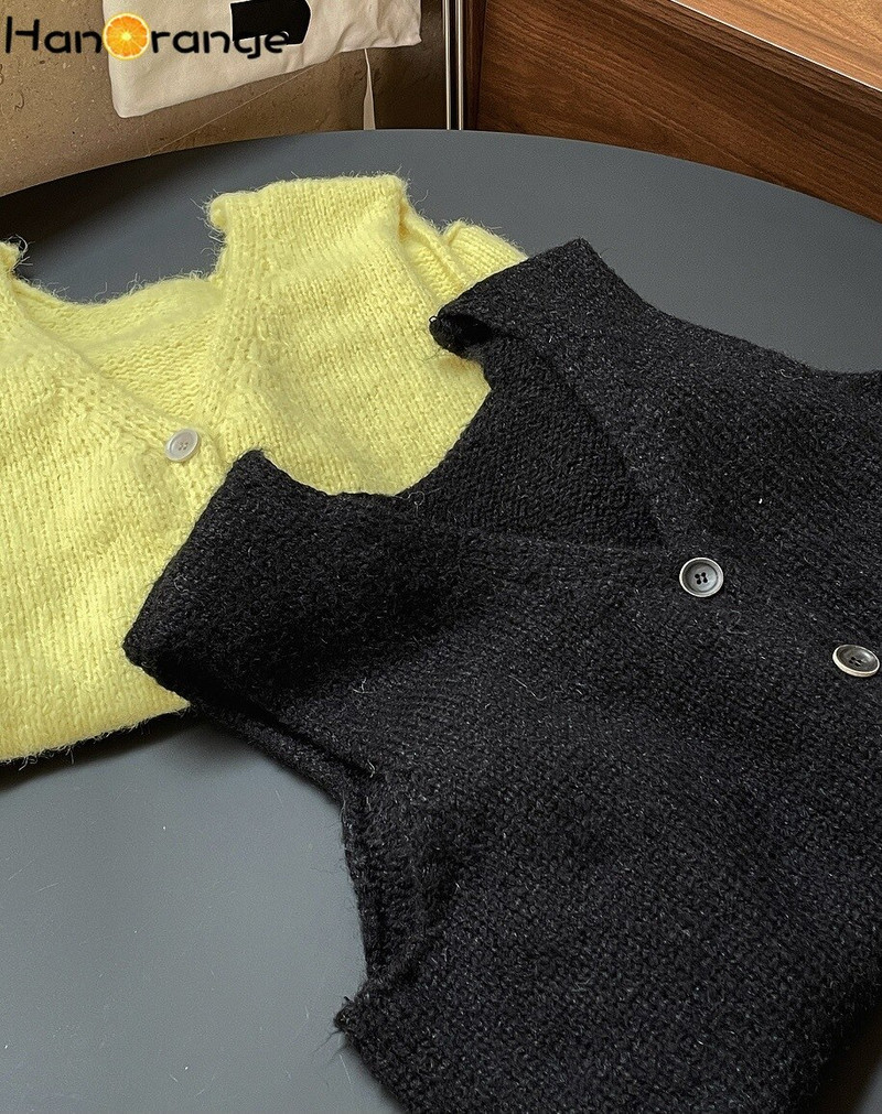 HanOrange Early Spring Ins stils, vienkāršs, moderns V veida kakla trikotāžas jakas veste, brīva bezpiedurkņu veste sievietēm