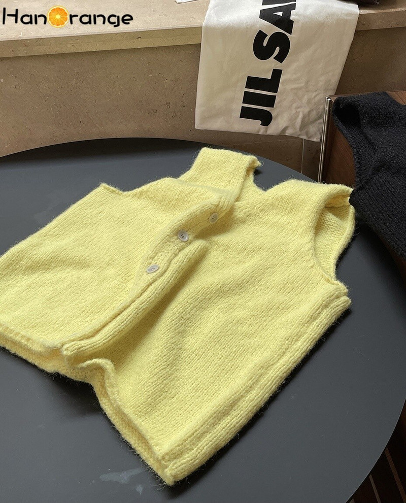 HanOrange Early Spring Ins stils, vienkāršs, moderns V veida kakla trikotāžas jakas veste, brīva bezpiedurkņu veste sievietēm