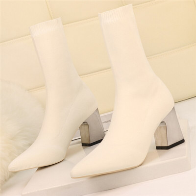 2022 Γυναικείες Stretch μπότες 7 εκ. Ψηλοτάκουνα Φετίχ Λευκή κάλτσα Μποτάκια stripper Χαμηλά μπλοκ τακούνια Ζεστά βελούδινα φθινοπωρινά χειμερινά παπούτσια