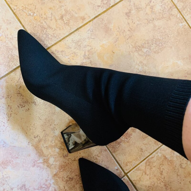 2022 Γυναικείες Stretch μπότες 7 εκ. Ψηλοτάκουνα Φετίχ Λευκή κάλτσα Μποτάκια stripper Χαμηλά μπλοκ τακούνια Ζεστά βελούδινα φθινοπωρινά χειμερινά παπούτσια