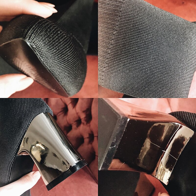 2022 Γυναικείες Stretch μπότες 7 εκ. Ψηλοτάκουνα Φετίχ Λευκή κάλτσα Μποτάκια stripper Χαμηλά μπλοκ τακούνια Ζεστά βελούδινα φθινοπωρινά χειμερινά παπούτσια