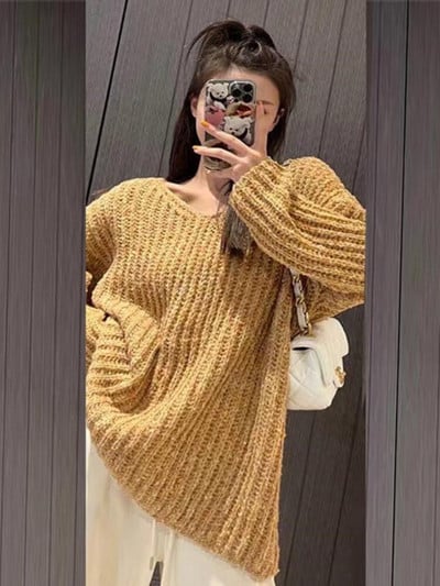 Rudens ziema Jauns 2022. gada V veida kakla izgriezuma adīšanas džemperis Modes ielas stila sieviešu džempera džemperis ar garām piedurknēm