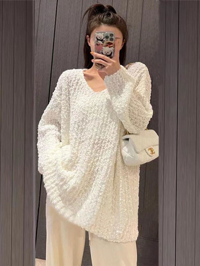 Rudens ziema Jauns 2022. gada V veida kakla izgriezuma adīšanas džemperis Modes ielas stila sieviešu džempera džemperis ar garām piedurknēm