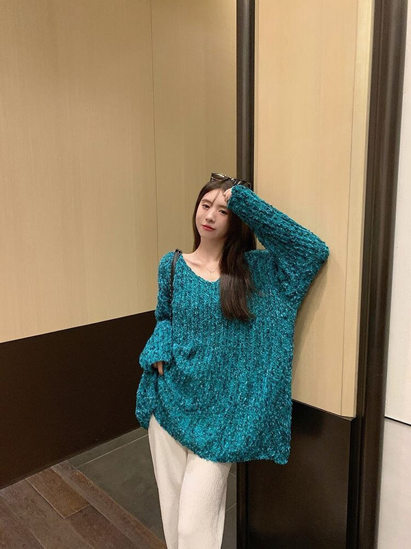 Rudens ziema Jauns 2022. gada V veida kakla izgriezuma adīšanas džemperis Modes ielas stila sieviešu džempera džemperis ar garām piedurknēm