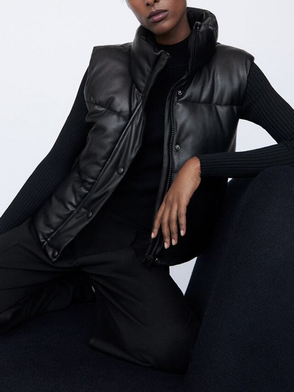 ZOKI sieviešu pufīga veste ziemas bieza parka jaka melna PU sieviešu mēteļi modes mākslīgās ādas dūnu veste brīva sieviešu veste