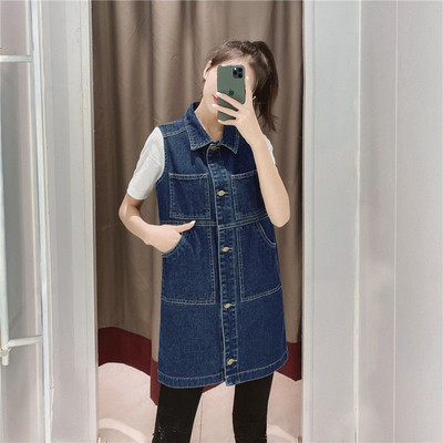 Μεγάλο μέγεθος 6XL Μεσαίου μήκους τζιν γιλέκο μπλε Chaleco Mujer 2022 Νέο αμάνικο τζιν μπουφάν Γυναικείο Κορεάτικο Μόδα Πέτο Μακρύ γιλέκο