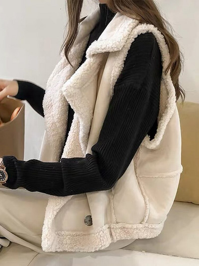 Aelegantmis Vintage zamšādas jēra vilnas veste sievietēm vaļīga atloka apkakle Mākslīgās kažokādas veste rudens ziemas gadījuma bezpiedurknēm jakas