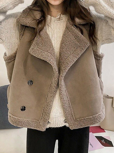 Aelegantmis Vintage zamšādas jēra vilnas veste sievietēm vaļīga atloka apkakle Mākslīgās kažokādas veste rudens ziemas gadījuma bezpiedurknēm jakas