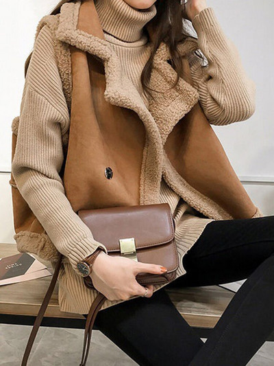 Aelegantmis Vintage zamšādas jēra vilnas veste sievietēm vaļīga atloka apkakle Mākslīgās kažokādas veste rudens ziemas gadījuma bezpiedurknēm jakas