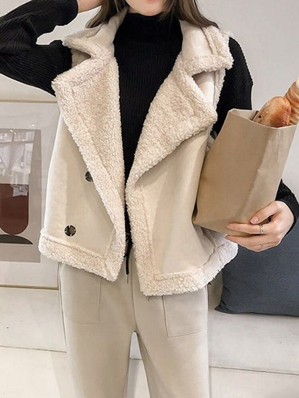 Aelegantmis Vintage zamšādas jēra vilnas veste sievietēm vaļīga atloka apkakle Mākslīgās kažokādas veste rudens ziemas gadījuma bezpiedurknēm jakas