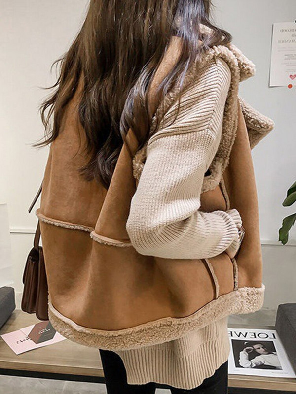 Aelegantmis Vintage zamšādas jēra vilnas veste sievietēm vaļīga atloka apkakle Mākslīgās kažokādas veste rudens ziemas gadījuma bezpiedurknēm jakas