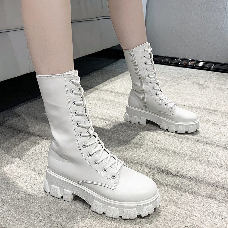 Nove bijele gležnjače s platformom za 2022. Ženske motociklističke čizme s debelim potplatom od pu kože Ženske neklizajuće debele cipele s patentnim zatvaračem Velika veličina 43