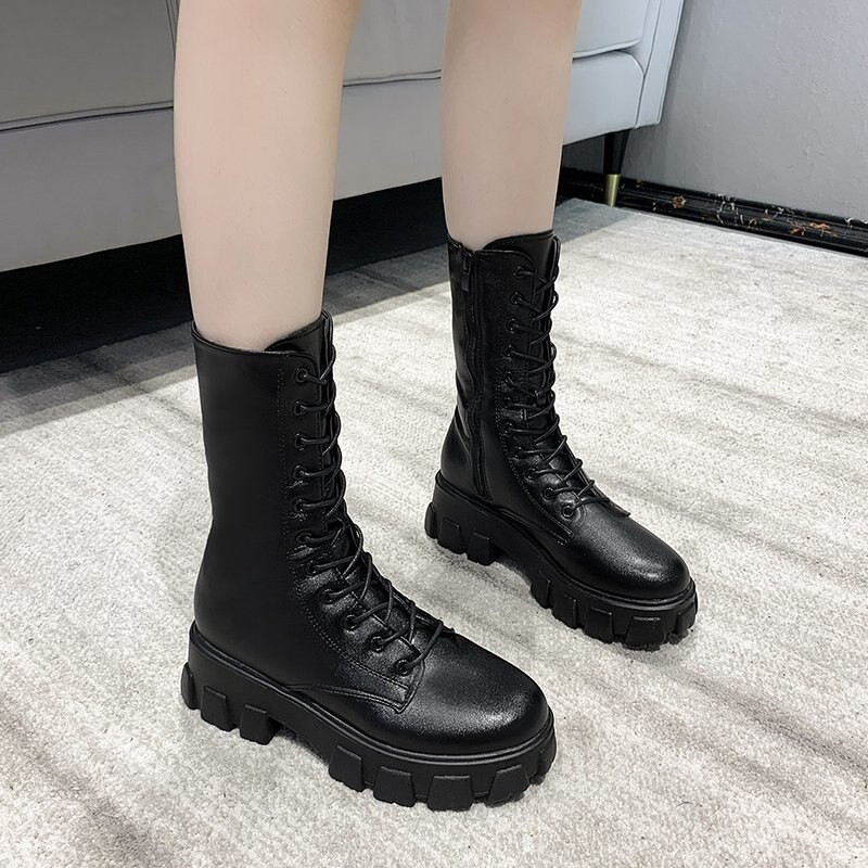 Nove bijele gležnjače s platformom za 2022. Ženske motociklističke čizme s debelim potplatom od pu kože Ženske neklizajuće debele cipele s patentnim zatvaračem Velika veličina 43