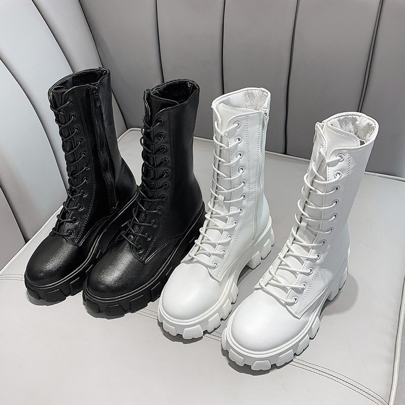 Nove bijele gležnjače s platformom za 2022. Ženske motociklističke čizme s debelim potplatom od pu kože Ženske neklizajuće debele cipele s patentnim zatvaračem Velika veličina 43